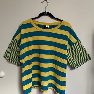 Urban Outfitters BDG Blue and Yellow Striped Whimsical Oversized T-Shirt